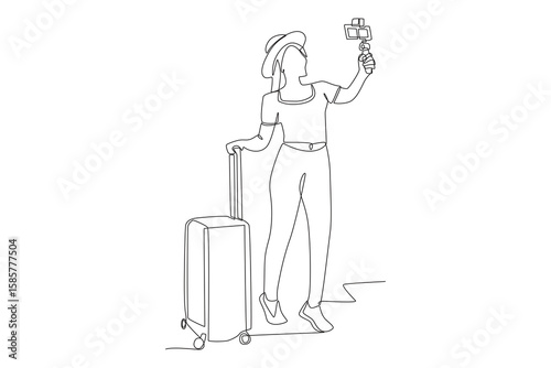 Woman who makes blog while traveling. Travel bloggers concept one-line drawing