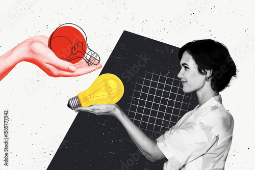 Composite artwork collage template sketch of young lady smile hand hold idea lamp creative jigsaw puzzle idea mind startup imagination
