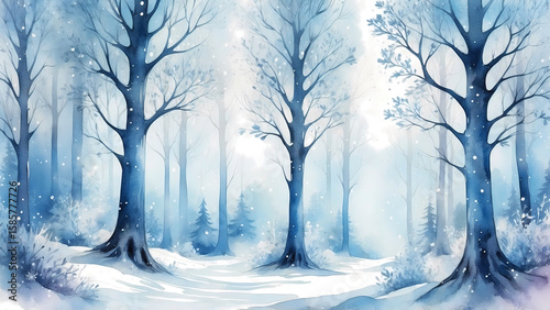 Winter forest with blue trees and soft snow under clear sky  