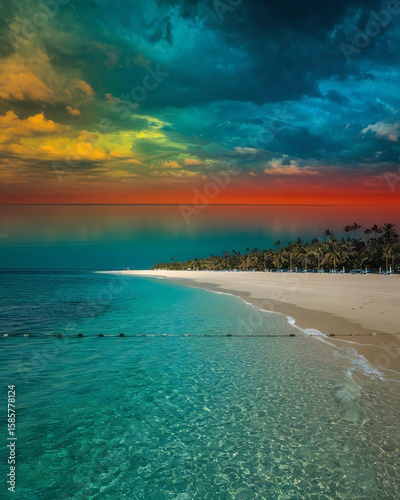 Tropical Beach Paradise at Sunset, Vibrant Sky Over Palm Trees and Ocean Waves
