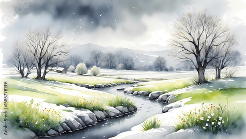 Winter landscape with river and snow-covered fields under clouds  