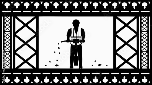Silhouette of construction worker using jackhammer inside decorative black frame with lattice design