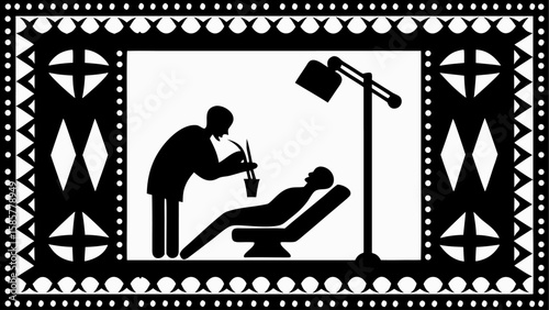 Silhouette of a dentist examining a patient under a lamp in a decorative black and white frame design