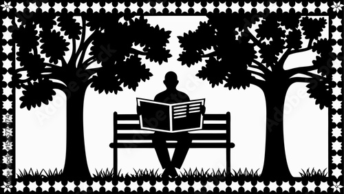 Silhouette of a person reading a newspaper on a bench under trees with a decorative border design around it