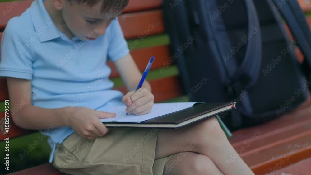 Schoolboy doing lessons in park with backpack under warm sunlight Schoolboy doing lessons in park with backpack under warm sunlight