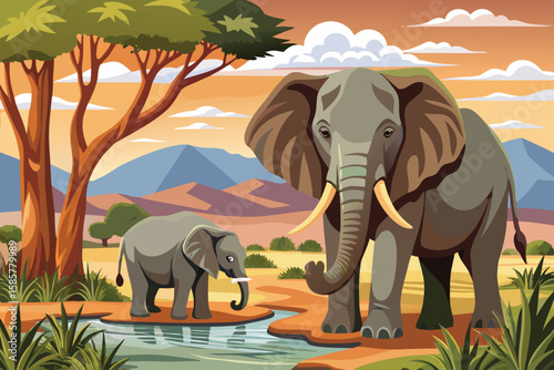 African elephant, a magnificent wild mammal with large ears and a long trunk, grazes in its natural habitat