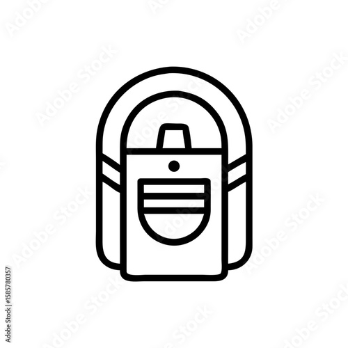 A minimalist line art depicts a classic backpack silhouette. The simple design of a backpack in black color against a plain background.