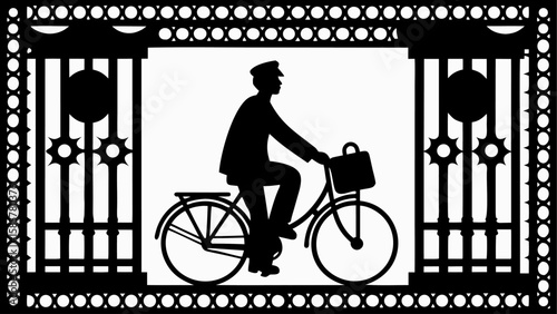 Silhouette of a man in a suit and cap riding a bicycle with a briefcase in front of an ornate gate design