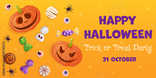 Halloween party banner with cartoon pumpkins, candy, spiders on orange background. Trick or treat design template