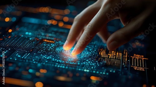 Finger touching glowing circuit board with blue and orange lights in dark background. Modern technology concept showing digital transformation and innovation.
