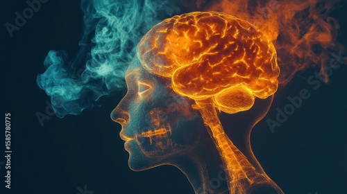 Abstract human head with brain, smoke