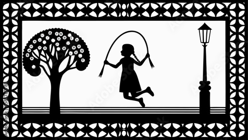 Silhouette of girl jumping rope near tree and lamppost within decorative patterned border design element