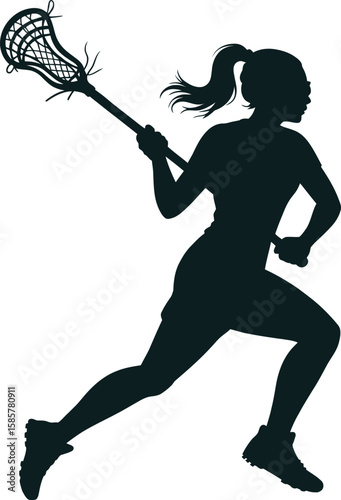 Running Female Lacrosse Player Silhouette with Stick – Athletic Vector Icon