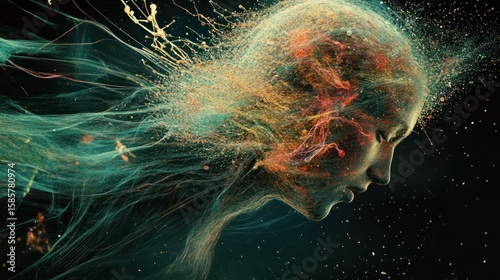 Abstract human profile, vibrant colors, cosmic