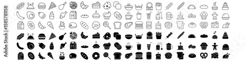 Food and drink icon vector set. Restaurant illustration sign collection. Сontains fast food, beverage, vegetables, fruits, desserts, meat, fish, coffee, cocktail and more. Editable line icons.