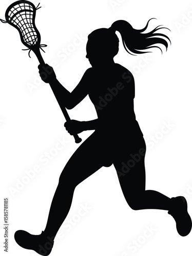 Silhouette of Female Lacrosse Player Running with Stick – Sports Vector Illustration