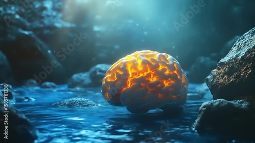 Luminous Brain Floating in a Mystic Watery Landscape of Knowledge Stream