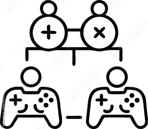 Online multiplayer game icon with plus and cross signs connecting players