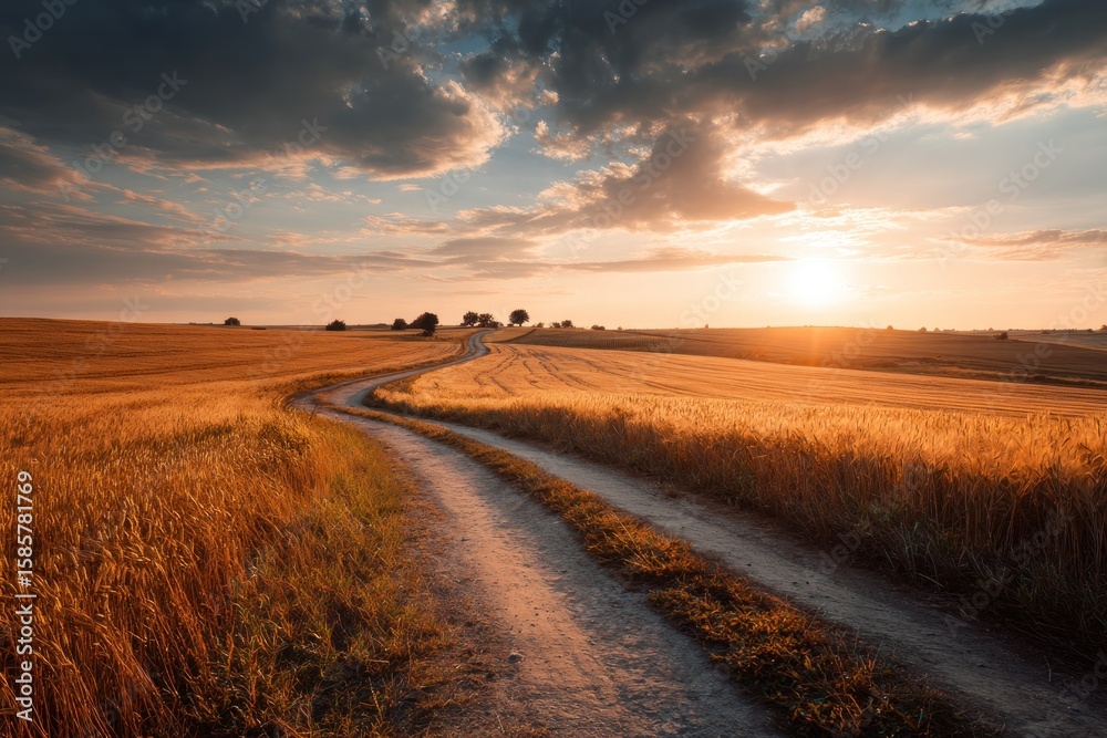 Naklejka premium Golden sunset over a rural road