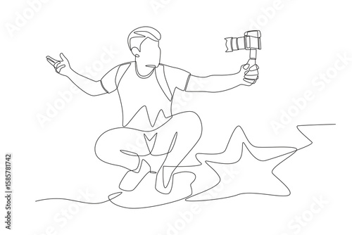 Man makes blog while traveling. Travel bloggers concept one-line drawing