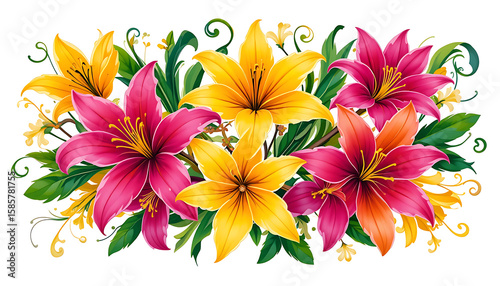 Vibrant Watercolor Lilies with Green Leaves and Swirls.