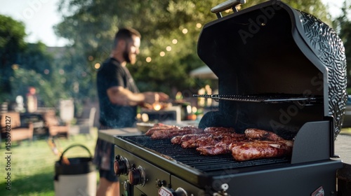 Enthusiastic man grilling delicious meat on a barbecue grill at a tailgate party with friends and family