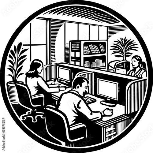 Depicts an office environment, perfect for backgrounds or presentations, showcasing teamwork and modern workspace designs with desks and computers.