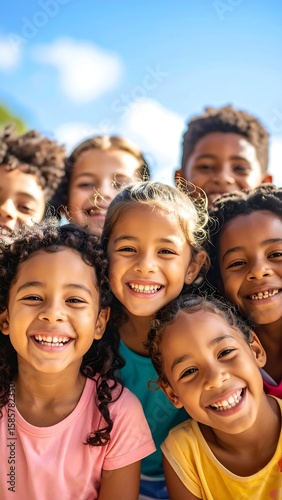 Close-up of a group of children laughing.  Diverse group, smiling broadly,  bright, happy expressions.  Outdoor setting, sunny day