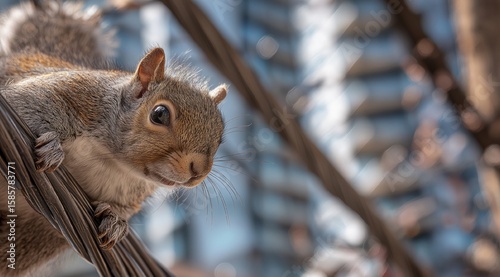 Curious Squirrel Perched on Wire Against Urban Backdrop