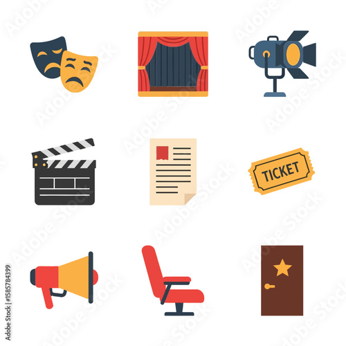 A collection of colorful flat icons representing theater, cinema, and filmmaking elements like masks, stage, clapperboard, and ticket.