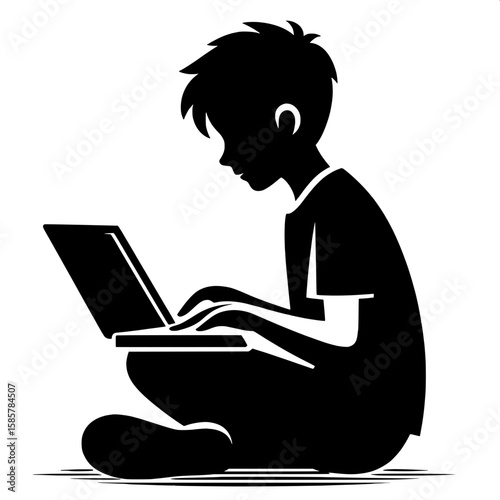 Black and White Vector Silhouette of a Boy Sitting with Laptop on Lap