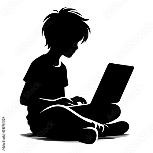 Black and White Vector Silhouette of a Boy Sitting with Laptop on Lap