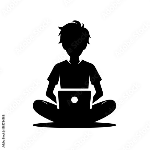 Black and White Vector Silhouette of a Boy Sitting with Laptop on Lap