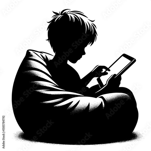 Black and White Vector Silhouette of a Boy Sitting on Beanbag with Tablet