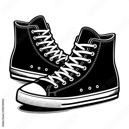 Black and White Vector Silhouette of a Pair of High-Top Sneakers
