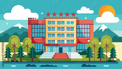 Vector art of a fivestar hotel building with a grand entrance, surrounded by trees and mountains