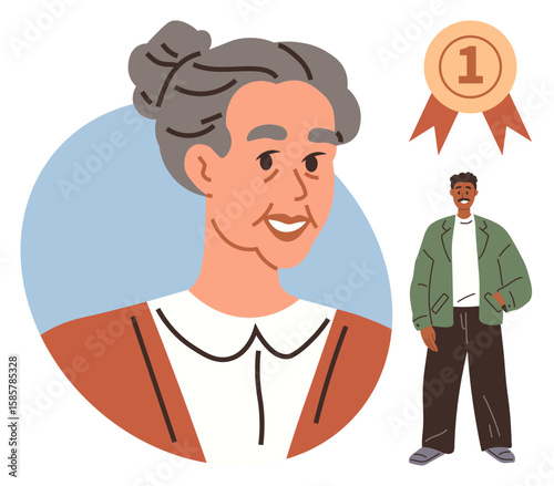 Elderly woman smiling in profile, young man standing confidently, and award ribbon symbolizing excellence. Ideal for family, generational connection, achievement, recognition, diversity, mentorship