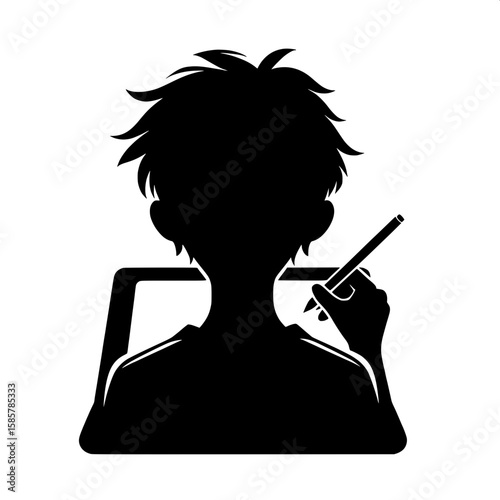 Black and White Vector Silhouette of a Boy Drawing on Digital Tablet