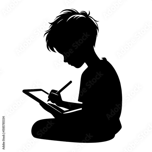 Black and White Vector Silhouette of a Boy Drawing on Digital Tablet