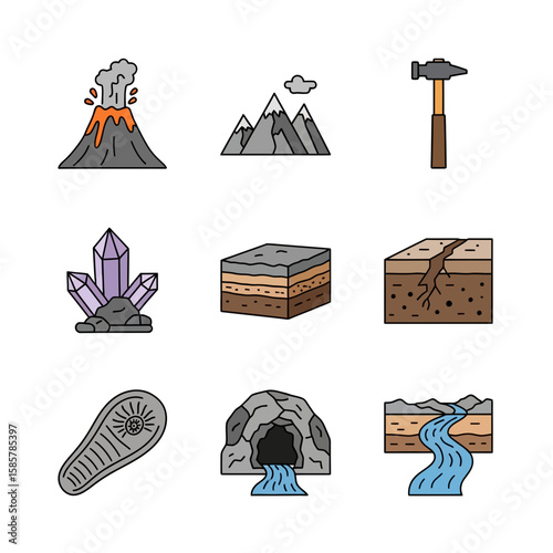 Collection of Earth science icons, including volcano, mountains, crystals, geological layers, footprints, and caves.