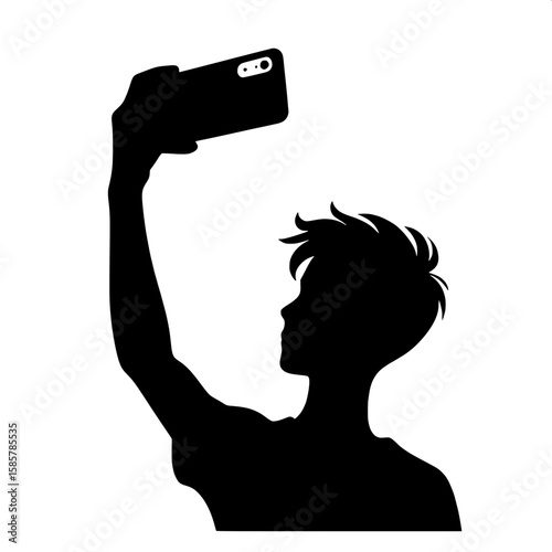 Black and White Vector Silhouette of a Boy Taking a Selfie
