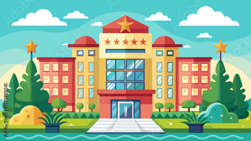 Vector art of a luxurious fivestar hotel with a prominent star emblem and manicured landscaping