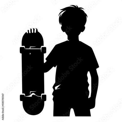 Black and White Vector Silhouette of a Boy Holding Skateboard Under Arm