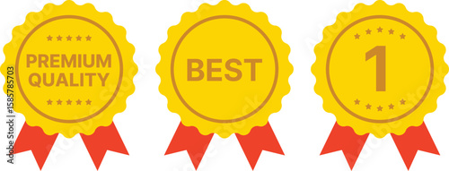 Set of vector award ribbon badges representing first place, best choice, and premium quality. Great for certificates, contests, competitions, labels, achievements, or promotional and branding visuals.