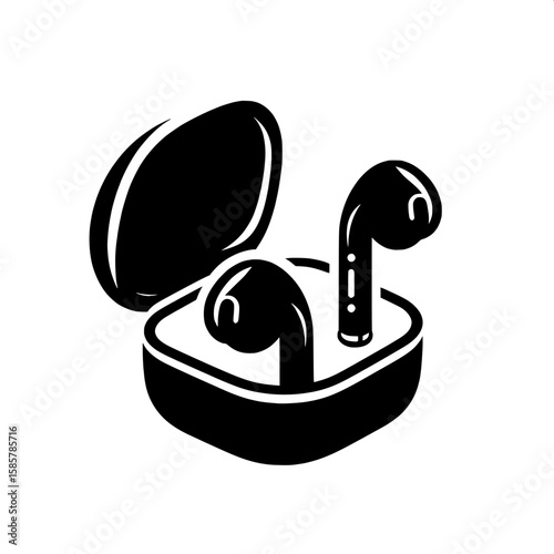 Black and White Vector Silhouette of Wireless Earbuds with Case