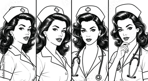Vintage style illustration features four beautiful nurses in black and white