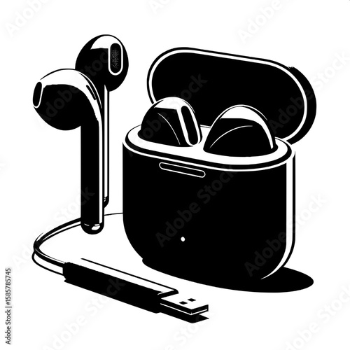 Black and White Vector Silhouette of Wireless Earbuds with Case