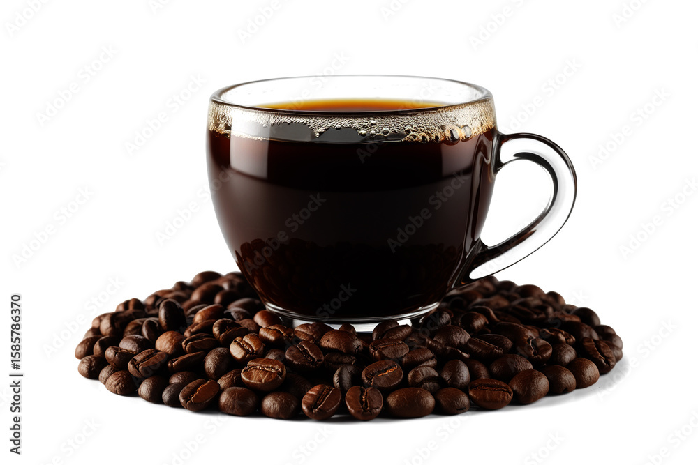 Fototapeta premium Brown Coffee Cup with Fresh Coffee Surrounded by Roasted Coffee Beans on White Background