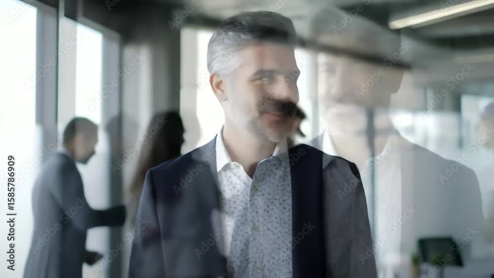Confident mature businessman with grey hair smiling while walking in a modern corporate office hallway Confident mature businessman with grey hair smiling while walking in a modern corporate office hallway