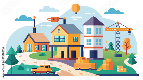 Vector art of a charming illustration depicting a developing neighborhood with houses, cranes, and a road
